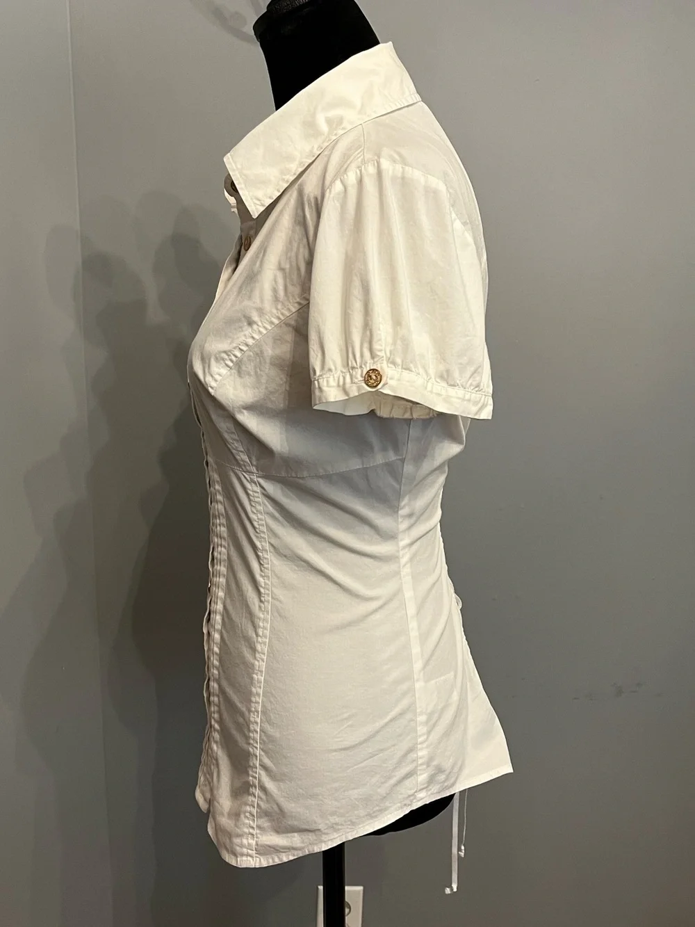 Guess Fitted White Cotton Short Sleeve Collared Blouse With Lace-up Back, size M - Picture 3 of 5